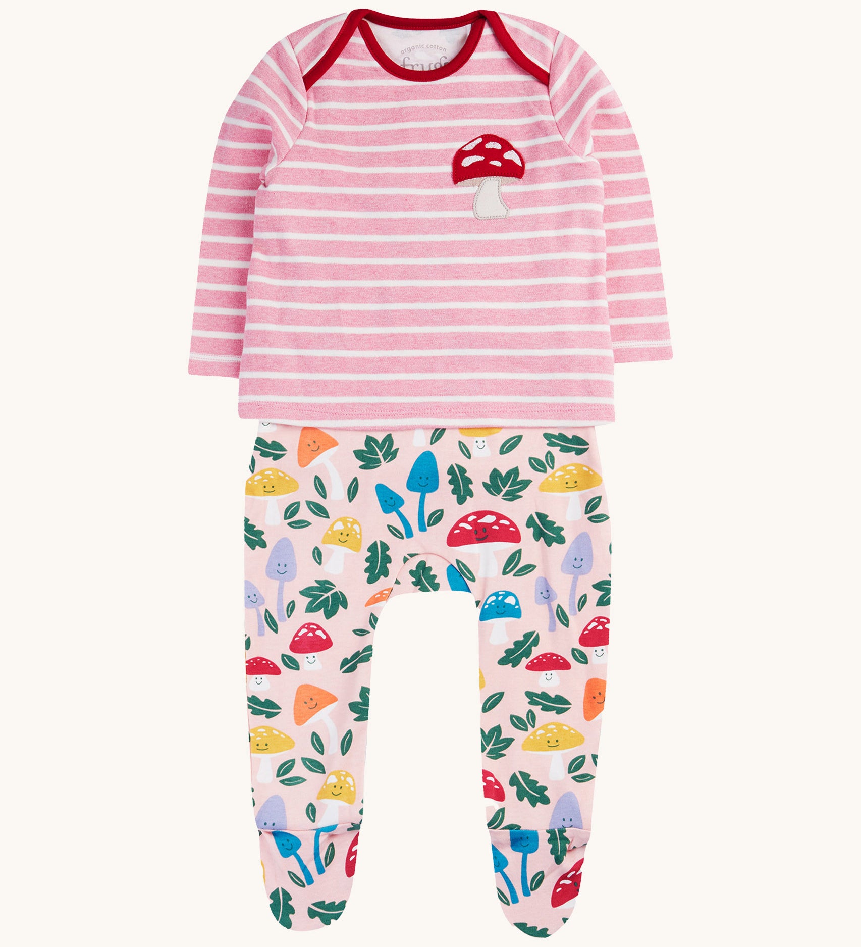 frugi kids brooke easy dressing baby grow in fun-guys/pink stripe available at Babiour. A 100% GOTS organic cotton baby grow in pink with woodland inspired prints 