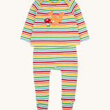 Frugi kids brooke easy dressing baby grow in squirrel/rainbow stripe available at Babiour. A 100% GOTS organic cotton baby grow with rainbow stripes and a cute squirrel applique on the top 