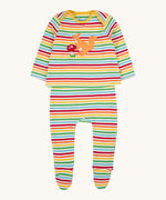 Frugi kids brooke easy dressing baby grow in squirrel/rainbow stripe available at Babiour. A 100% GOTS organic cotton baby grow with rainbow stripes and a cute squirrel applique on the top 