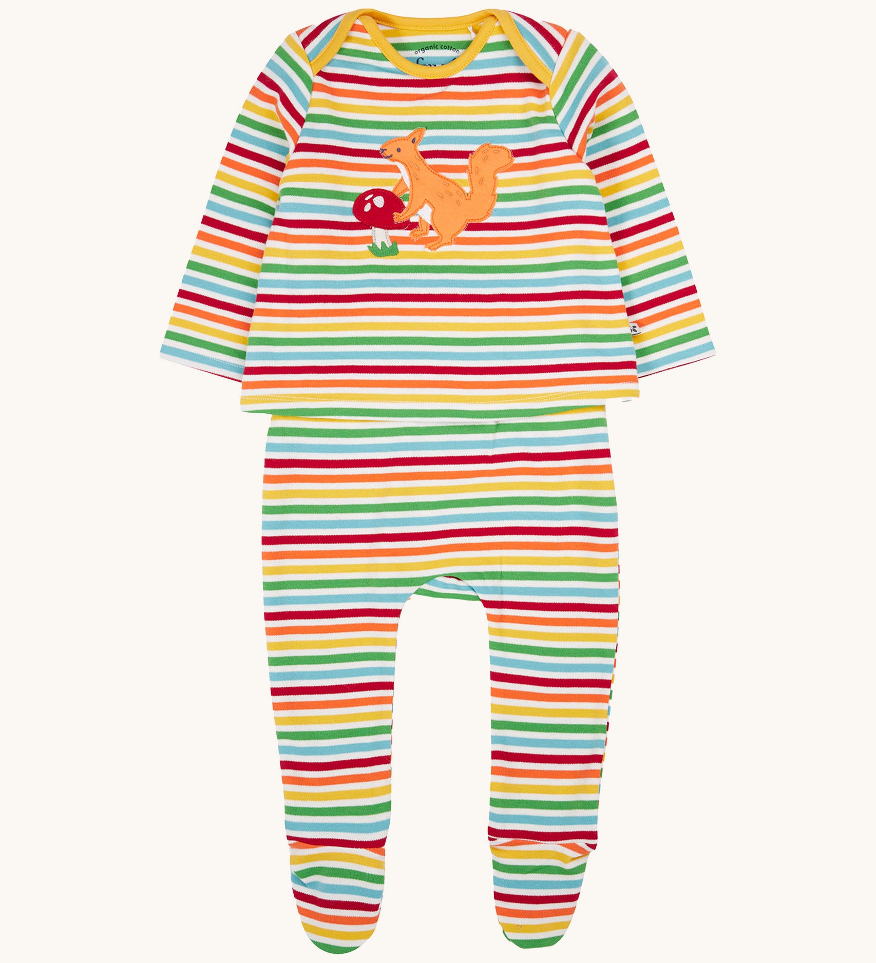 Frugi kids brooke easy dressing baby grow in squirrel/rainbow stripe available at Babiour. A 100% GOTS organic cotton baby grow with rainbow stripes and a cute squirrel applique on the top 