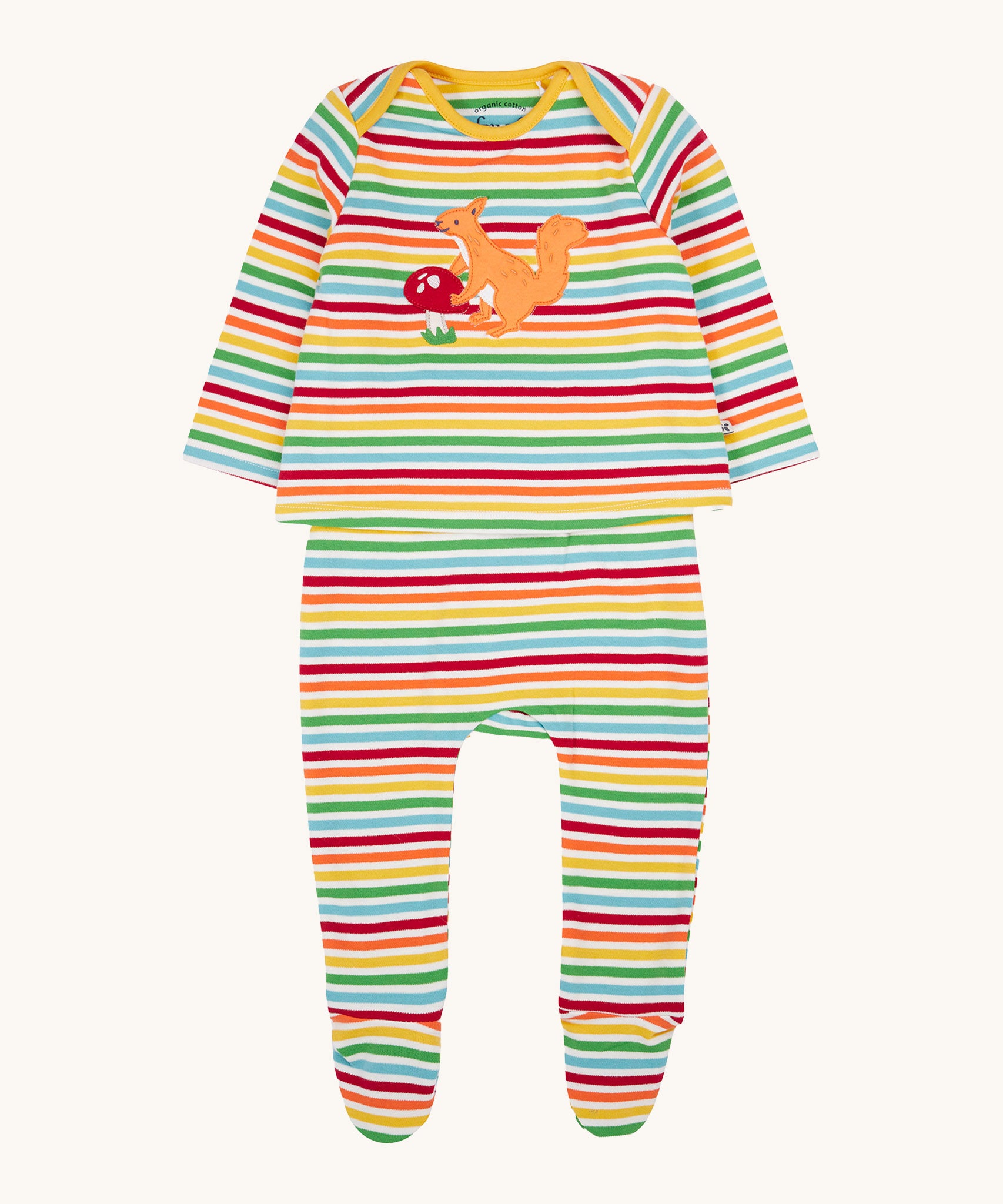 Frugi kids brooke easy dressing baby grow in squirrel/rainbow stripe available at Babiour. A 100% GOTS organic cotton baby grow with rainbow stripes and a cute squirrel applique on the top 