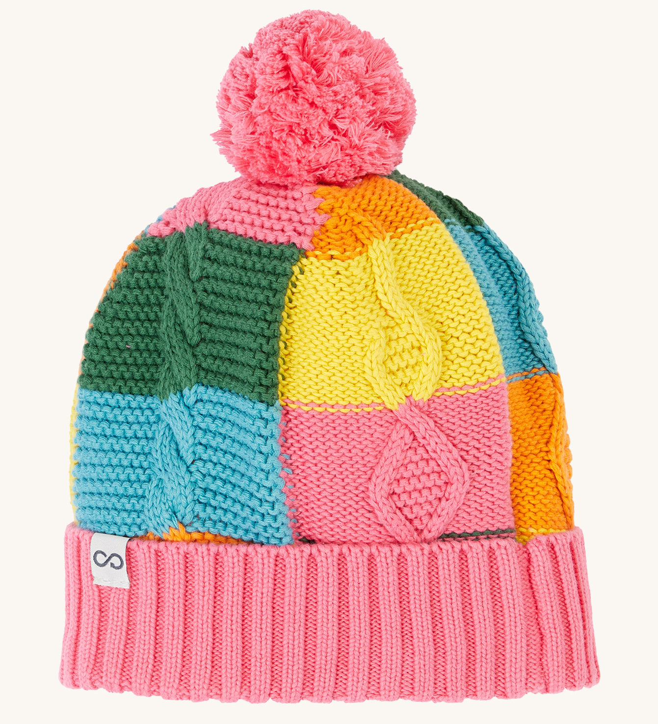 Frugi kids cable knit rainbow check bobble hat. A thick knitted style beanie in pastel coloured check. Features a pink pom pom and turn up cuff