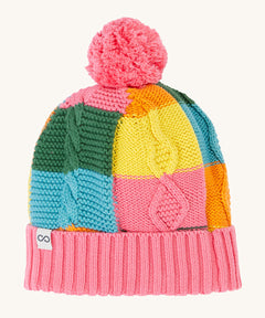 Frugi kids cable knit rainbow check bobble hat. A thick knitted style beanie in pastel coloured check. Features a pink pom pom and turn up cuff