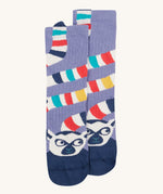 Frugi kids character sock showing the navy lemur design with a multicoloured stripe tail on a light purple organic cotton fabric