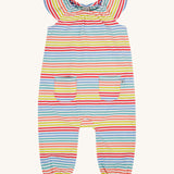 Frugi kids cornflower rainbow stripe playsuit - GOTS organic cotton kids playsuit with multi coloured pastel stripes, short sleeves and legs with elasticated cuffs  and stretchy neckline. Features two small pockets on the front. 