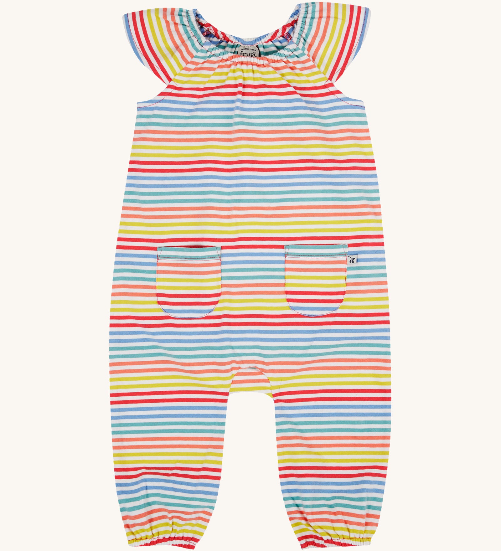 Frugi kids cornflower rainbow stripe playsuit - GOTS organic cotton kids playsuit with multi coloured pastel stripes, short sleeves and legs with elasticated cuffs  and stretchy neckline. Features two small pockets on the front. 