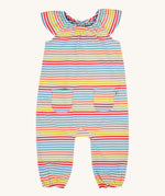 Frugi kids cornflower rainbow stripe playsuit - GOTS organic cotton kids playsuit with multi coloured pastel stripes, short sleeves and legs with elasticated cuffs  and stretchy neckline. Features two small pockets on the front. 