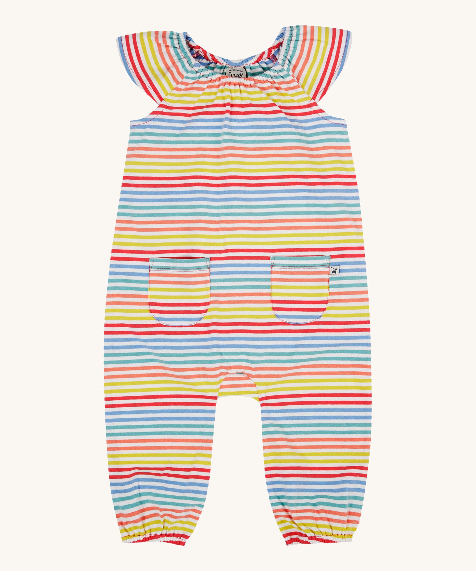 Frugi kids cornflower rainbow stripe playsuit - GOTS organic cotton kids playsuit with multi coloured pastel stripes, short sleeves and legs with elasticated cuffs  and stretchy neckline. Features two small pockets on the front. 