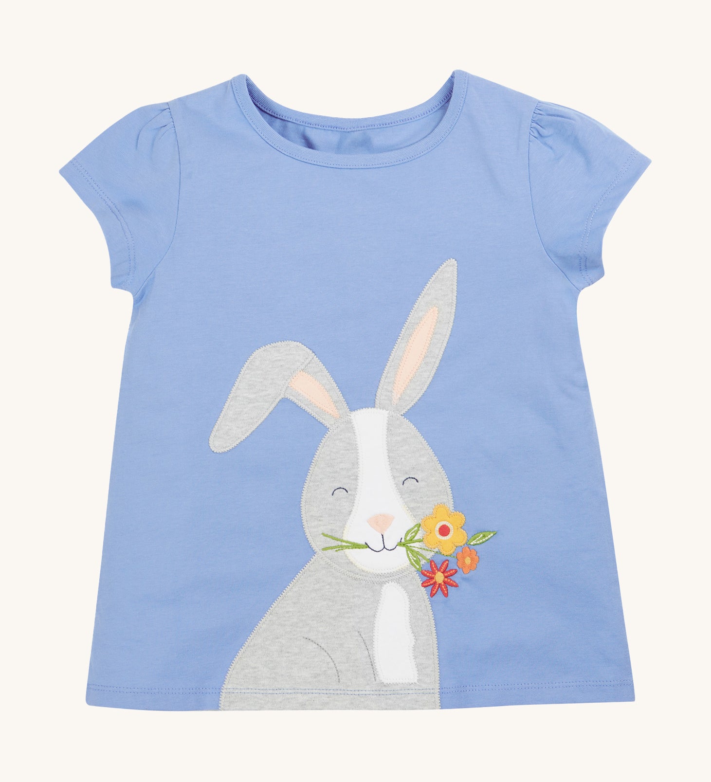 Frugi kids cornflower blue rabbit appliqué t-shirt - GOTS organic cotton kids t-shirt in light blue with short sleeves. Features an appliqué of a grey rabbit holding a bunch of flowers.