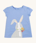 Frugi kids cornflower blue rabbit appliqué t-shirt - GOTS organic cotton kids t-shirt in light blue with short sleeves. Features an appliqué of a grey rabbit holding a bunch of flowers.
