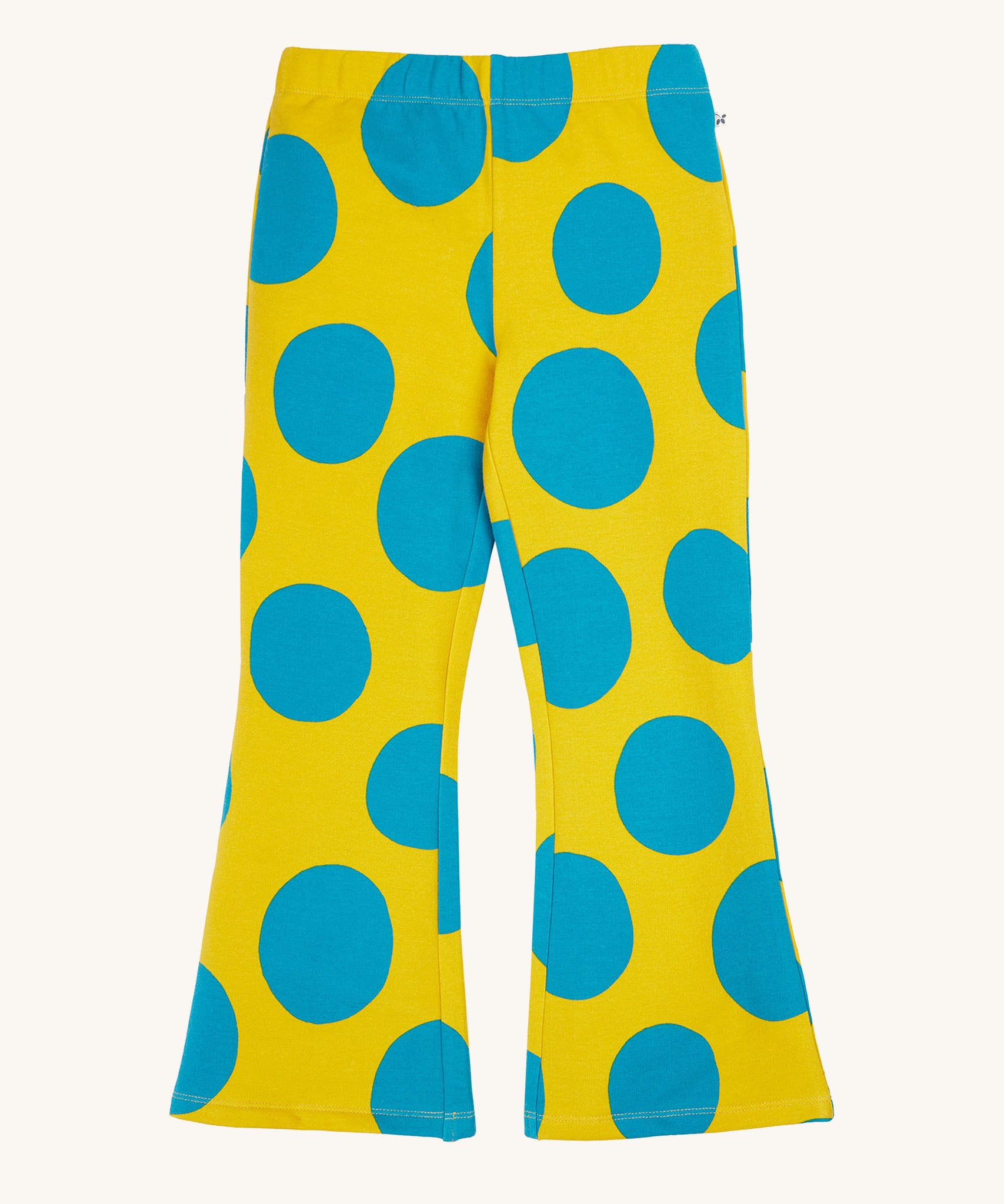 Frugi kids cosy flared leggings in super spot available at Babipur. GOTS organic cotton flared style leggings in yellow with bold blue spots. Features a elasticated waist band