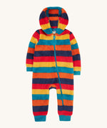 Frugi kids recycled cosy snuggle suit in autumn stripe available at babipur. A recycled textile all in one suit in a autumn inspired design. Features a warm cosy hood and a blue full length zip with matching blue cuffs.