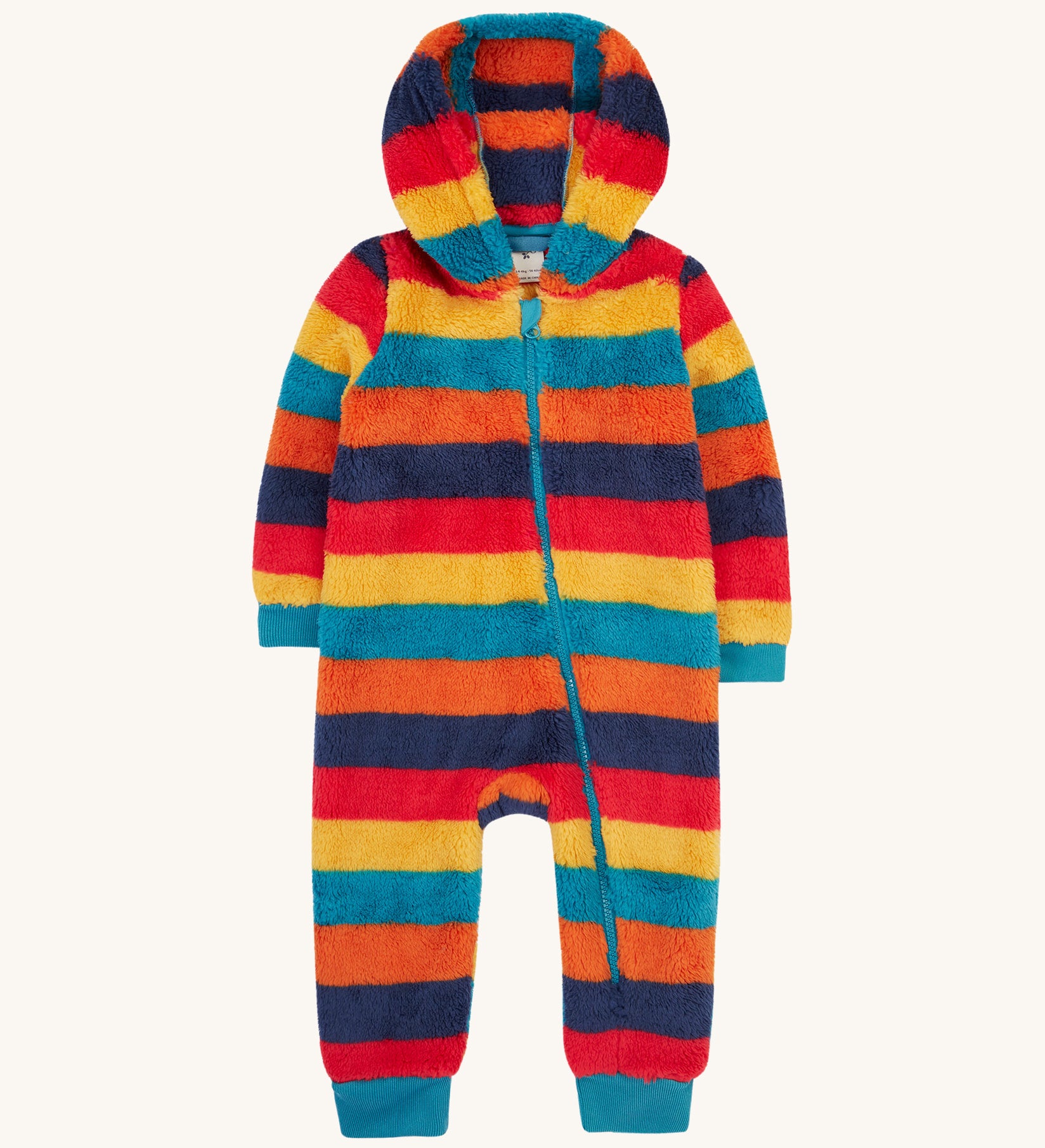 Frugi kids recycled cosy snuggle suit in autumn stripe available at babipur. A recycled textile all in one suit in a autumn inspired design. Features a warm cosy hood and a blue full length zip with matching blue cuffs.