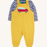 Frugi kids coverack dungaree outfit in bumblebee/vehicle available at Babipur.. A 100% GOTS organic cotton outfit, features a navy and white striped long sleeve top and yellow dungarees with a vehicle applique