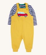 Frugi kids coverack dungaree outfit in bumblebee/vehicle available at Babipur.. A 100% GOTS organic cotton outfit, features a navy and white striped long sleeve top and yellow dungarees with a vehicle applique