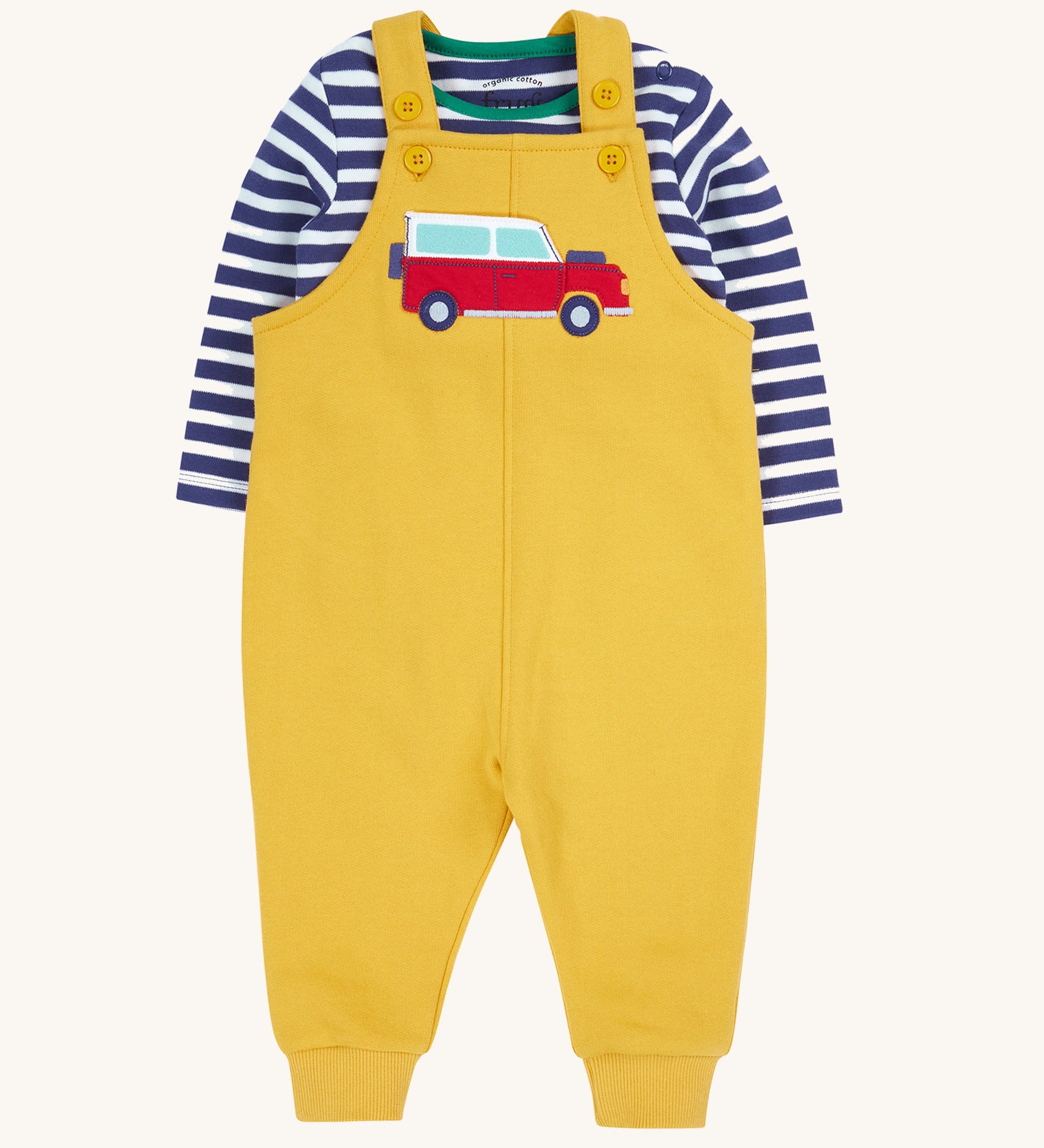 Frugi kids coverack dungaree outfit in bumblebee/vehicle available at Babipur.. A 100% GOTS organic cotton outfit, features a navy and white striped long sleeve top and yellow dungarees with a vehicle applique