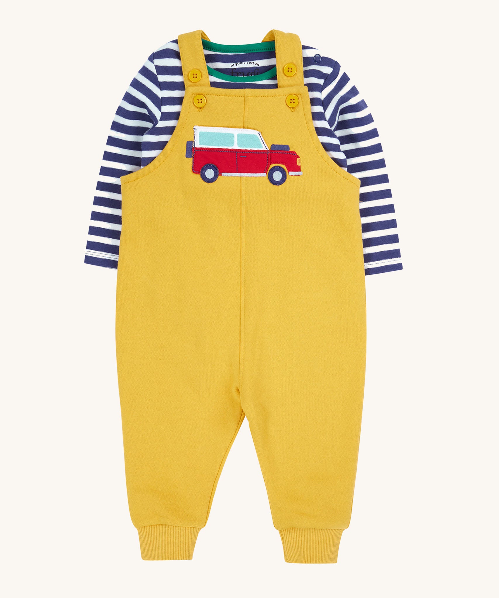 Frugi kids coverack dungaree outfit in bumblebee/vehicle available at Babipur.. A 100% GOTS organic cotton outfit, features a navy and white striped long sleeve top and yellow dungarees with a vehicle applique