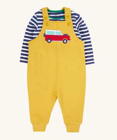 Frugi kids coverack dungaree outfit in bumblebee/vehicle available at Babipur.. A 100% GOTS organic cotton outfit, features a navy and white striped long sleeve top and yellow dungarees with a vehicle applique