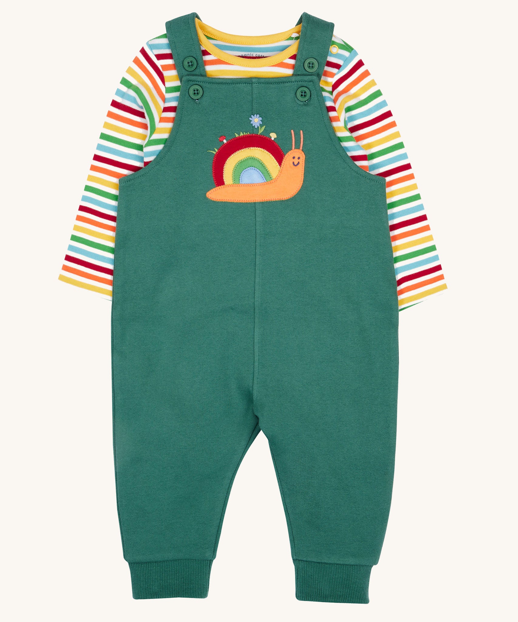 Frugi kids coverack dungaree outfit in holly green/snail available at Babipur. A 100% GOTS organic cotton outfit, features a rainbow striped  long sleeve top and green dungarees with a playful snail applique