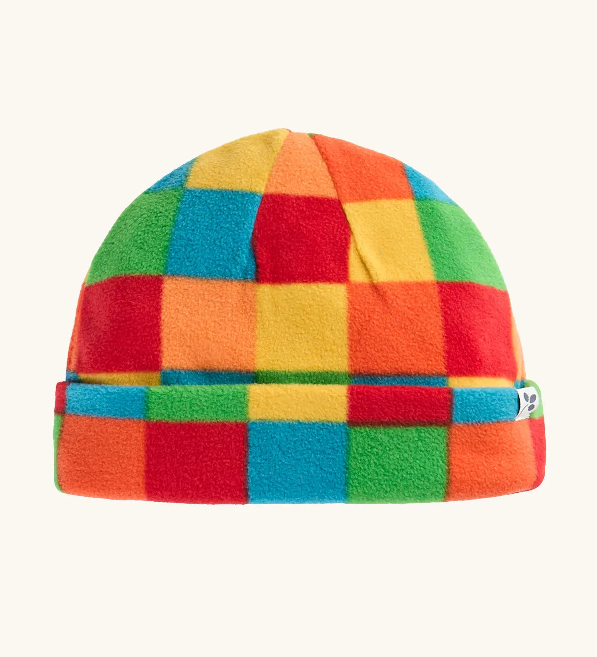 A colorful checkered kids fleece beanie hat with a small white brand tag on the side.