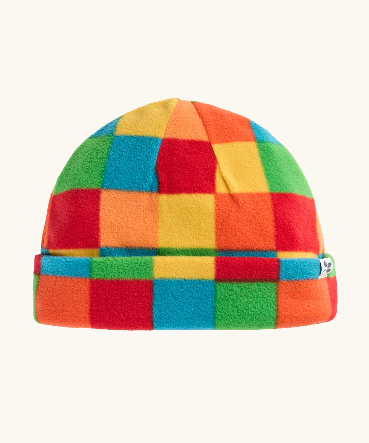 A colorful checkered kids fleece beanie hat with a small white brand tag on the side.