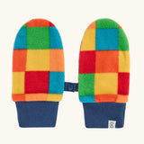 A pair of colorful fleece mittens with a patchwork pattern of red, orange, yellow, green, and blue squares, finished with navy blue ribbed cuffs and a small strap detail.