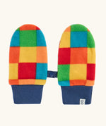 A pair of colorful fleece mittens with a patchwork pattern of red, orange, yellow, green, and blue squares, finished with navy blue ribbed cuffs and a small strap detail.