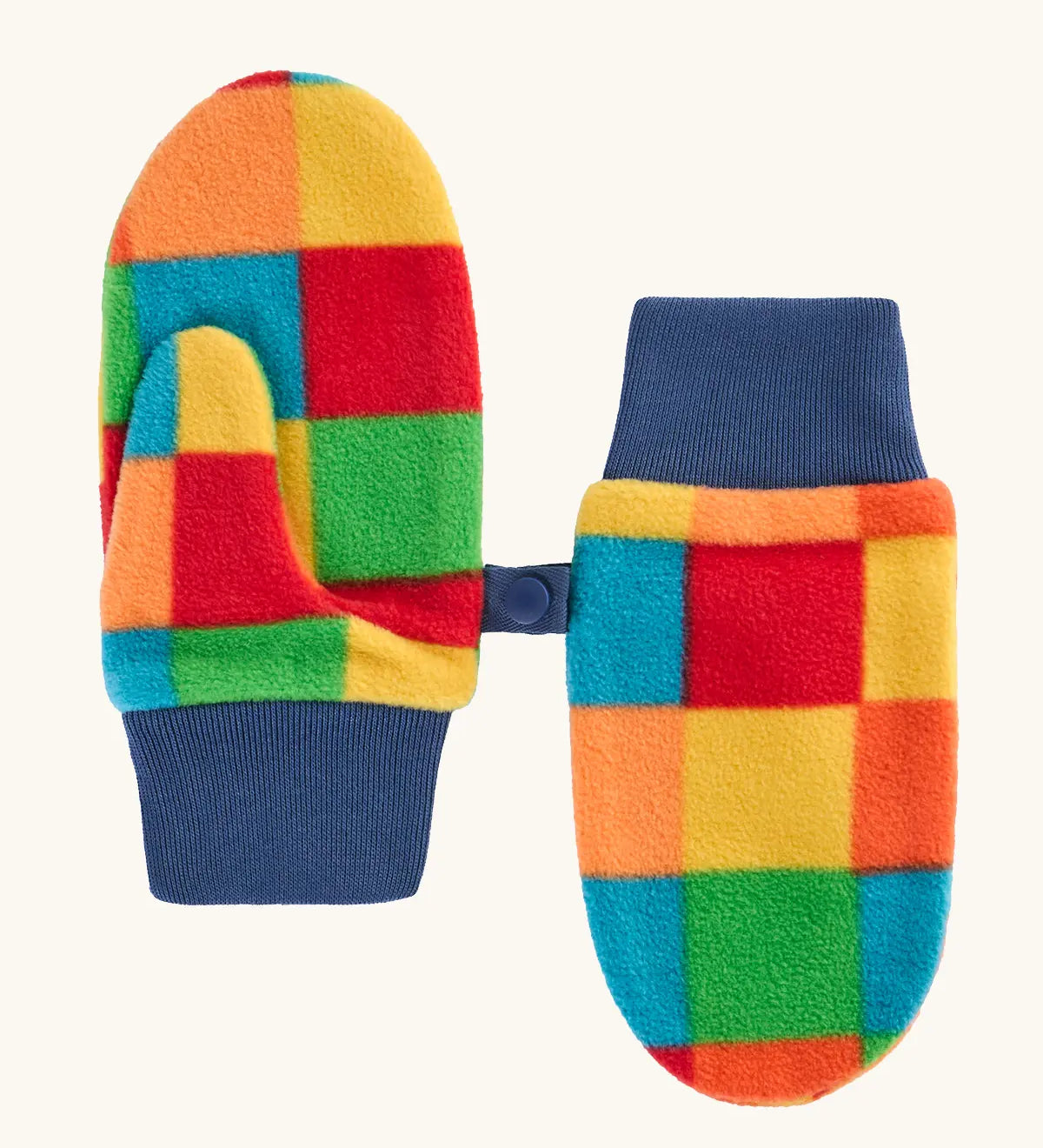 A pair of frugi children's fleece mittens with a colorful patchwork block pattern in orange, yellow, green, and red, finished with solid navy blue ribbed cuffs.