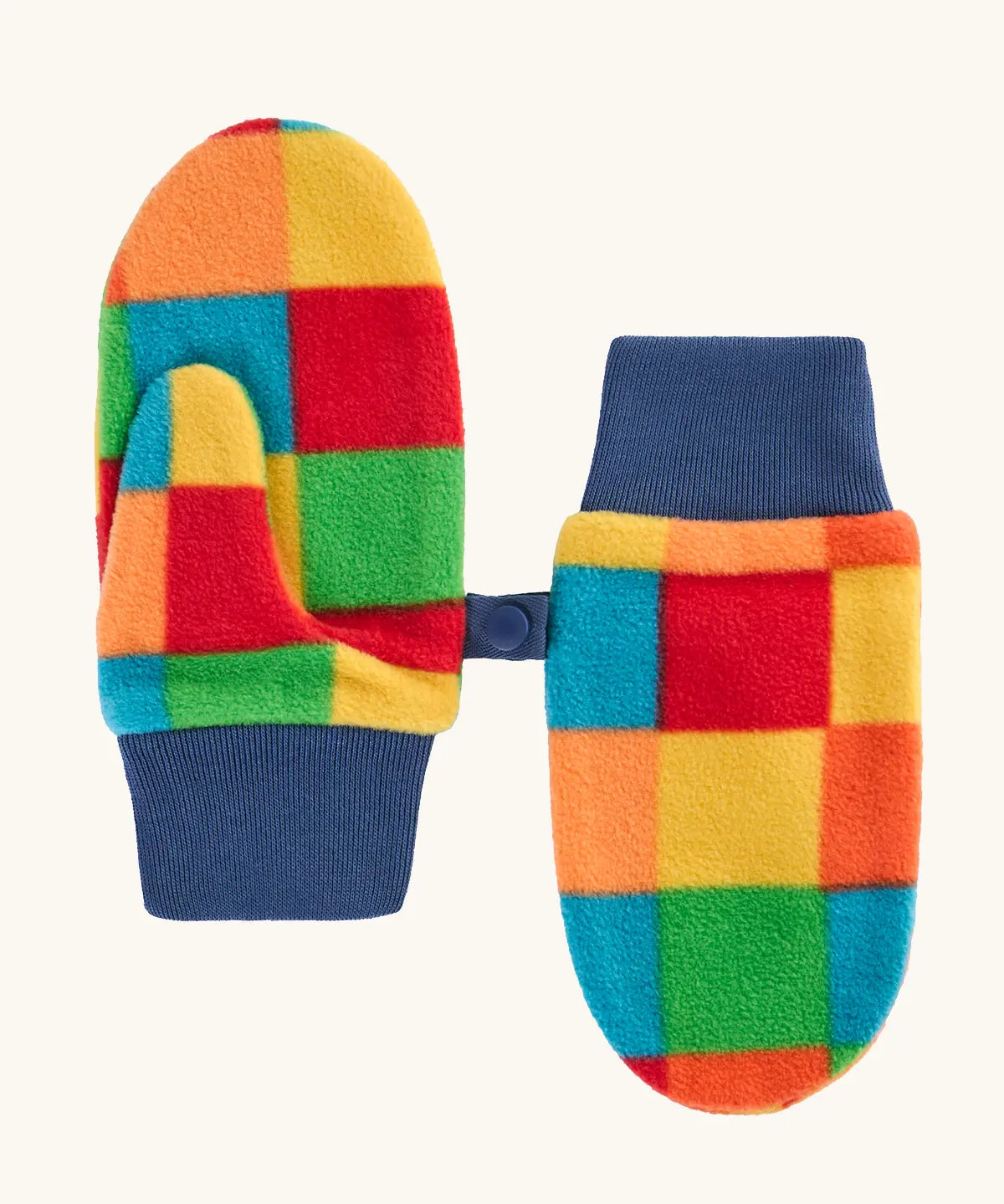 A pair of frugi children's fleece mittens with a colorful patchwork block pattern in orange, yellow, green, and red, finished with solid navy blue ribbed cuffs.