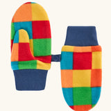 A pair of frugi children's fleece mittens with a colorful patchwork block pattern in orange, yellow, green, and red, finished with solid navy blue ribbed cuffs.