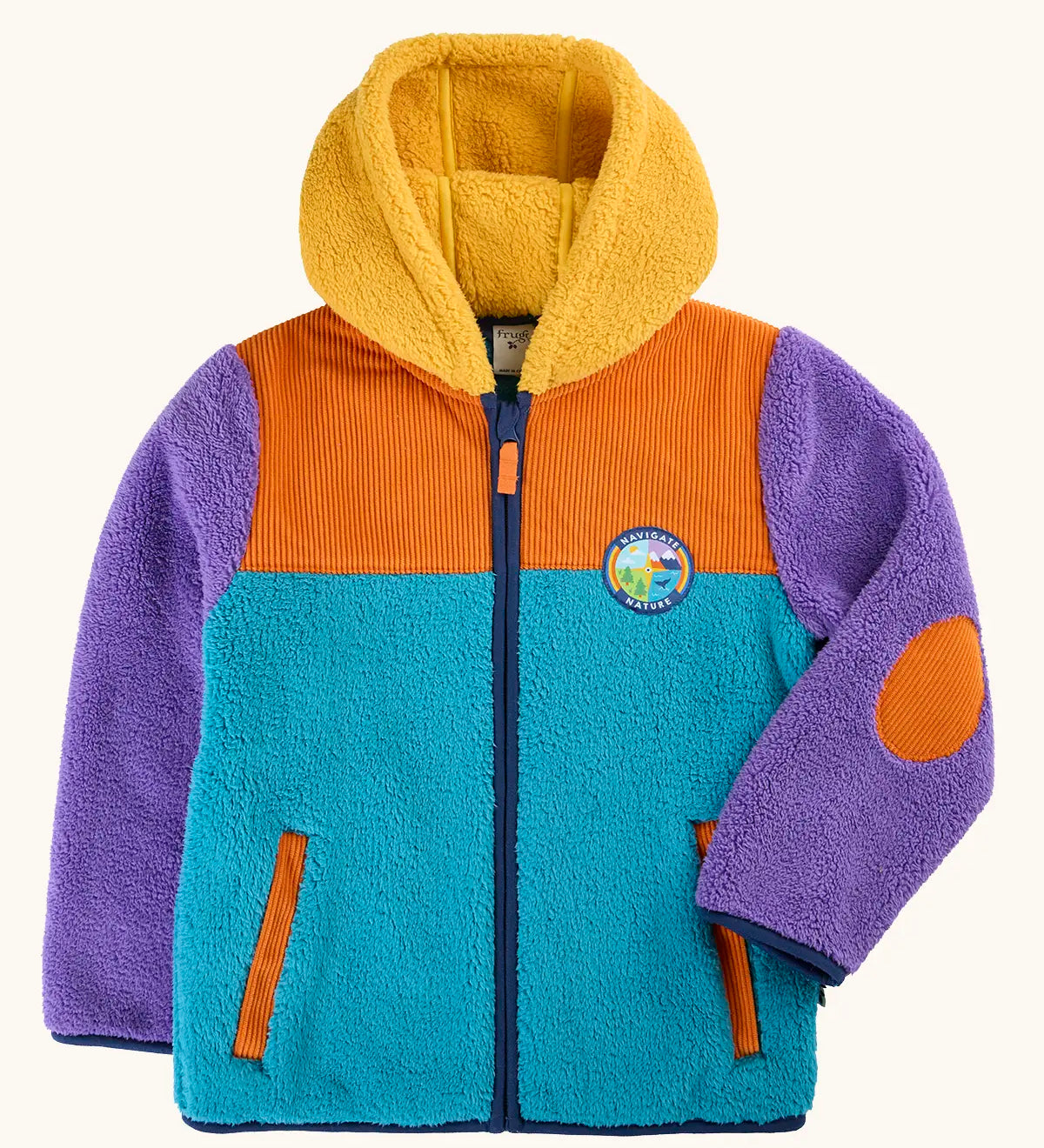 A frugi fleece hooded jacket with a color-blocked design in teal, orange, and purple, featuring a yellow sherpa-lined hood and an orange elbow patch. A circular 'navigate nature' logo is visible on the left chest.