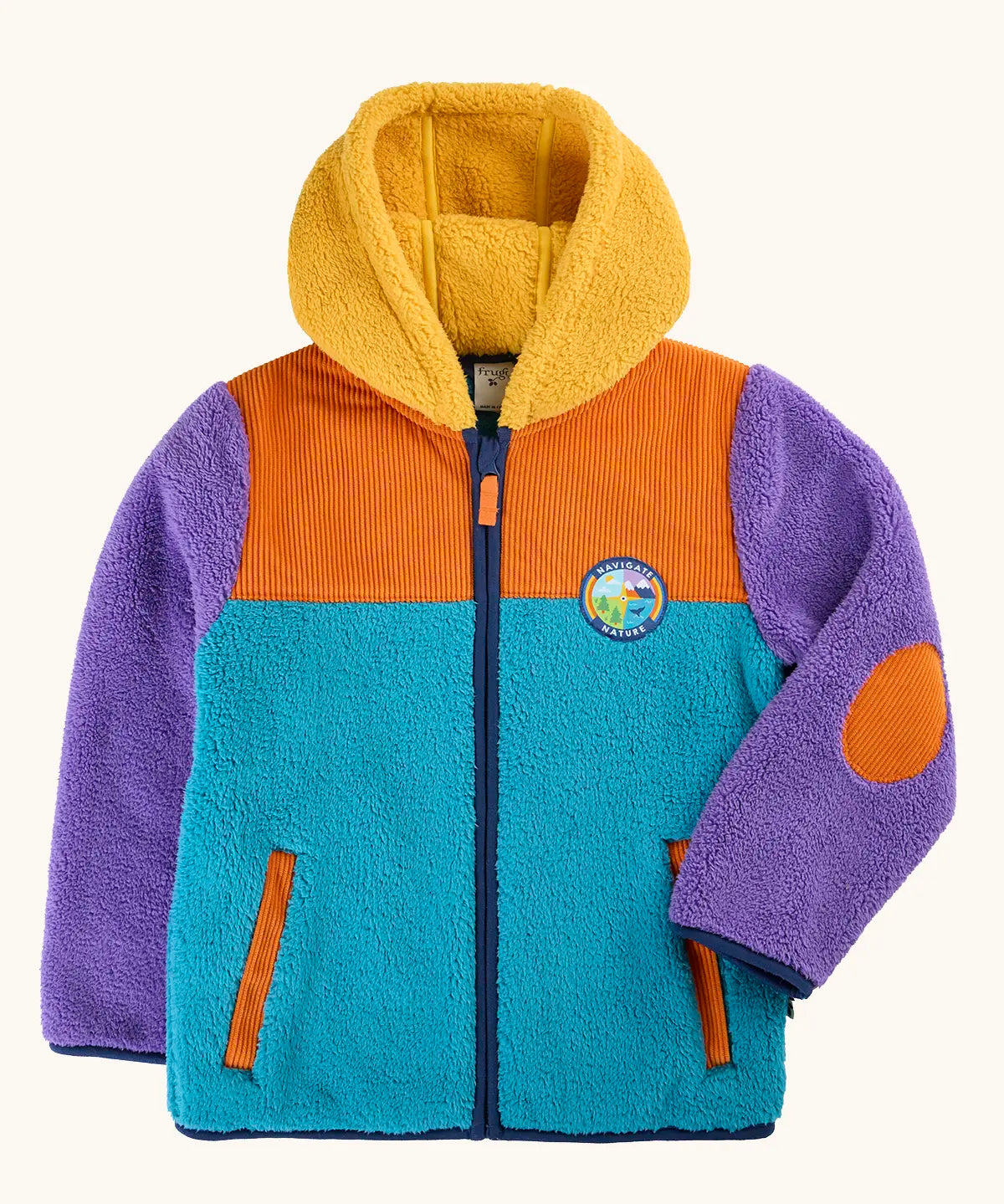 A frugi fleece hooded jacket with a color-blocked design in teal, orange, and purple, featuring a yellow sherpa-lined hood and an orange elbow patch. A circular 'navigate nature' logo is visible on the left chest.