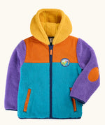 A frugi fleece hooded jacket with a color-blocked design in teal, orange, and purple, featuring a yellow sherpa-lined hood and an orange elbow patch. A circular 'navigate nature' logo is visible on the left chest.