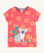 Frugi kids flora fun koala t-shirt - GOTS organic cotton kids t-shirt in light pink with pastel orange floral print and short sleeves. Features an applique of a grey koala next to coloured leaves