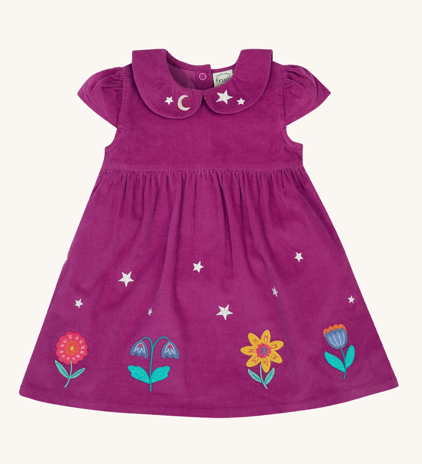 Frugi Damson purple Flowers Organic Cotton Vali Corduroy children's Dress. This cord kids dress is a part of a wide range of organic cotton clothing for children available here at Babipur. 
