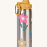Frugi kids Insulated bottle in fun flowers. A stainless steel bottle with playful flower prints. Features a yellow cap with a loop. 