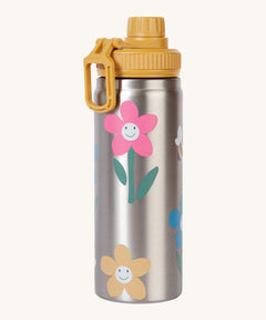 Frugi kids Insulated bottle in fun flowers. A stainless steel bottle with playful flower prints. Features a yellow cap with a loop. 
