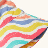 Close up of the brim on Frugi adjustable swim hat with a rainbow wave print in pink, white, yellow, purple, peach and turquoise.
