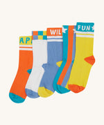 Frugi kids have fun sunnie socks 5 pack - GOTS organic cotton kids socks with elasticated cuffs and features 5 unique , vibrants socks with fun Frugi slogans 