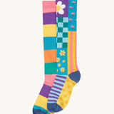 Frugi kids hygge high knee socks in patchwork available at Babipur. 100% GOTS organic cotton knee high 2 pack socks. Features a pastel inspired striped and floral inspired design sock.