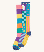Frugi kids hygge high knee socks in patchwork available at Babipur. 100% GOTS organic cotton knee high 2 pack socks. Features a pastel inspired striped and floral inspired design sock.