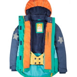 The arm pocket and zipper on the Frugi Snow & Ski Coat - Iguana Colourblock