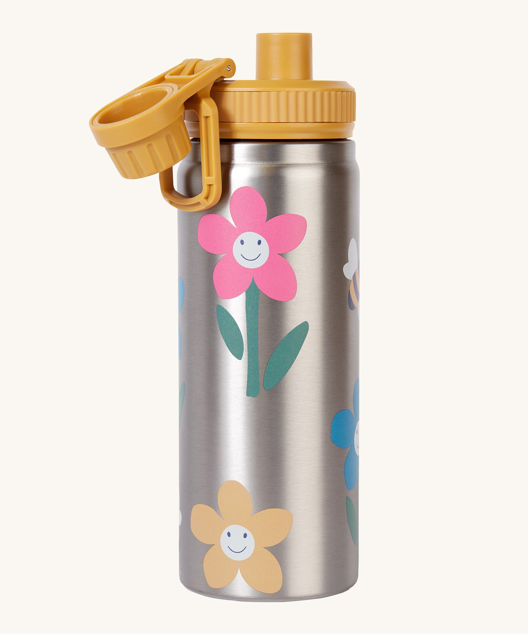 Frugi kids Insulated bottle in fun flowers with the yellow cap opened. A stainless steel bottle with playful flower prints. 