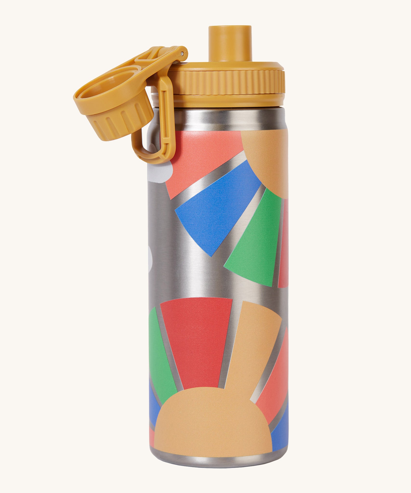 Frugi kids Insulated bottle in rainbow sun with the yellow cap opened. 