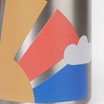 A close up of the Frugi kids Insulated bottle showing the print of a sun with rainbow rays on the stainless steel bottle