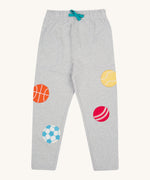 Frugi kids jack appliqué joggers - GOTS kids joggers in grey with a turquoise waist drawstring. Features an appliqué of a basket ball, football, cricket ball and tennis ball