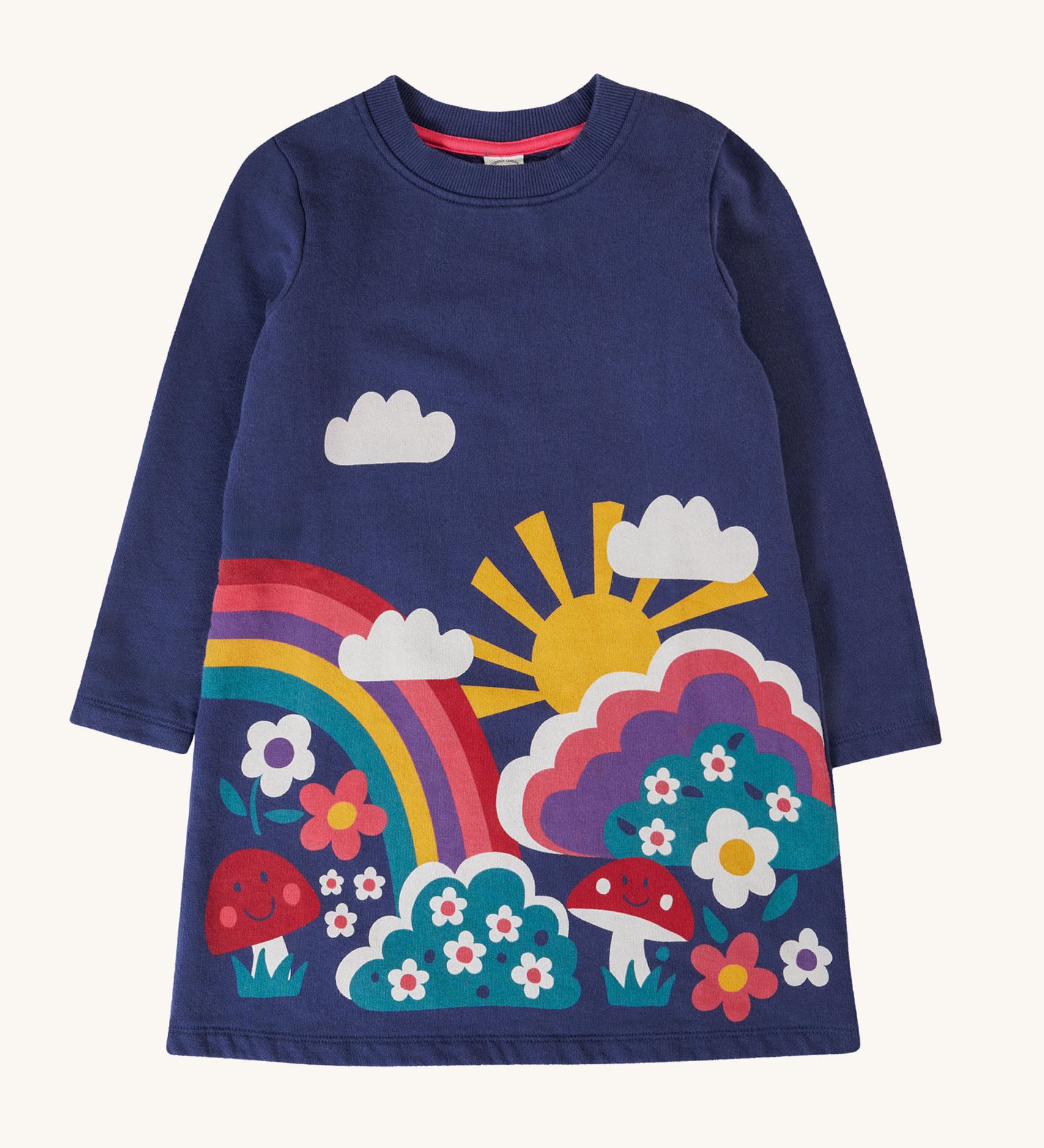 Frugi kids kari dress in navy/rainbow available at Babipur. A 100% GOTS organic cotton long sleeve dress in navy with a playful woodland inspired print on the front.