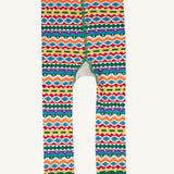 A view of the fair isle print on the Frugi organic cotton little knitted leggings.