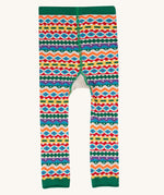 A view of the fair isle print on the Frugi organic cotton little knitted leggings.