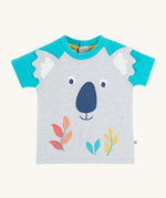Frugi kids koala raglan t-shirt - GOTS organic cotton Frugi kids t-shirt with light blue short sleeves and grey koala front panel with. Features grey ears stitched loosely on the front panel with coloured bamboo on the bottom. 